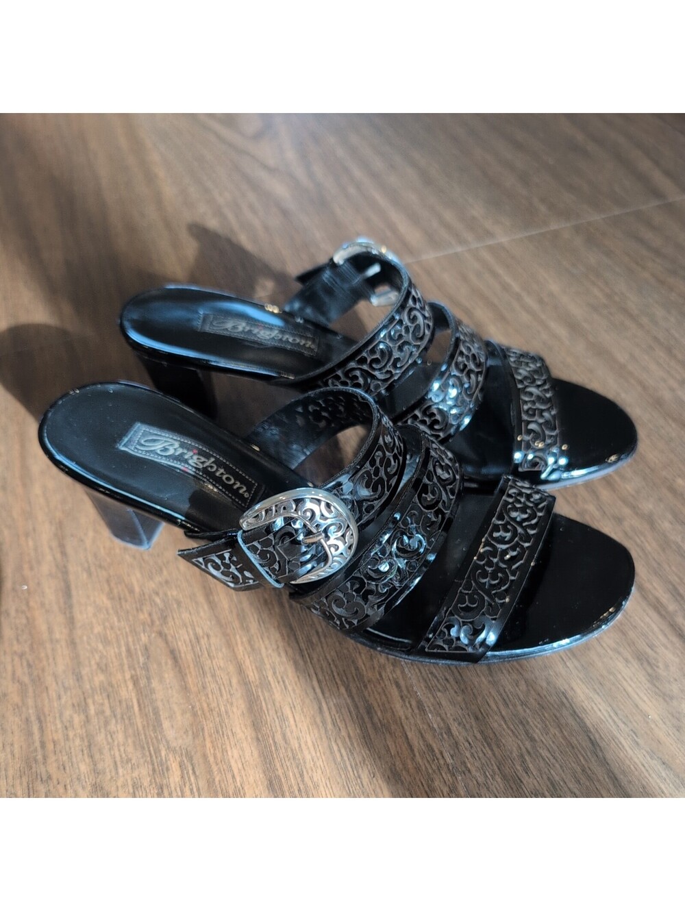 Brighton Womens high heel Sandals 8.5 Slip On black Laser Cut Out buckle tinsel